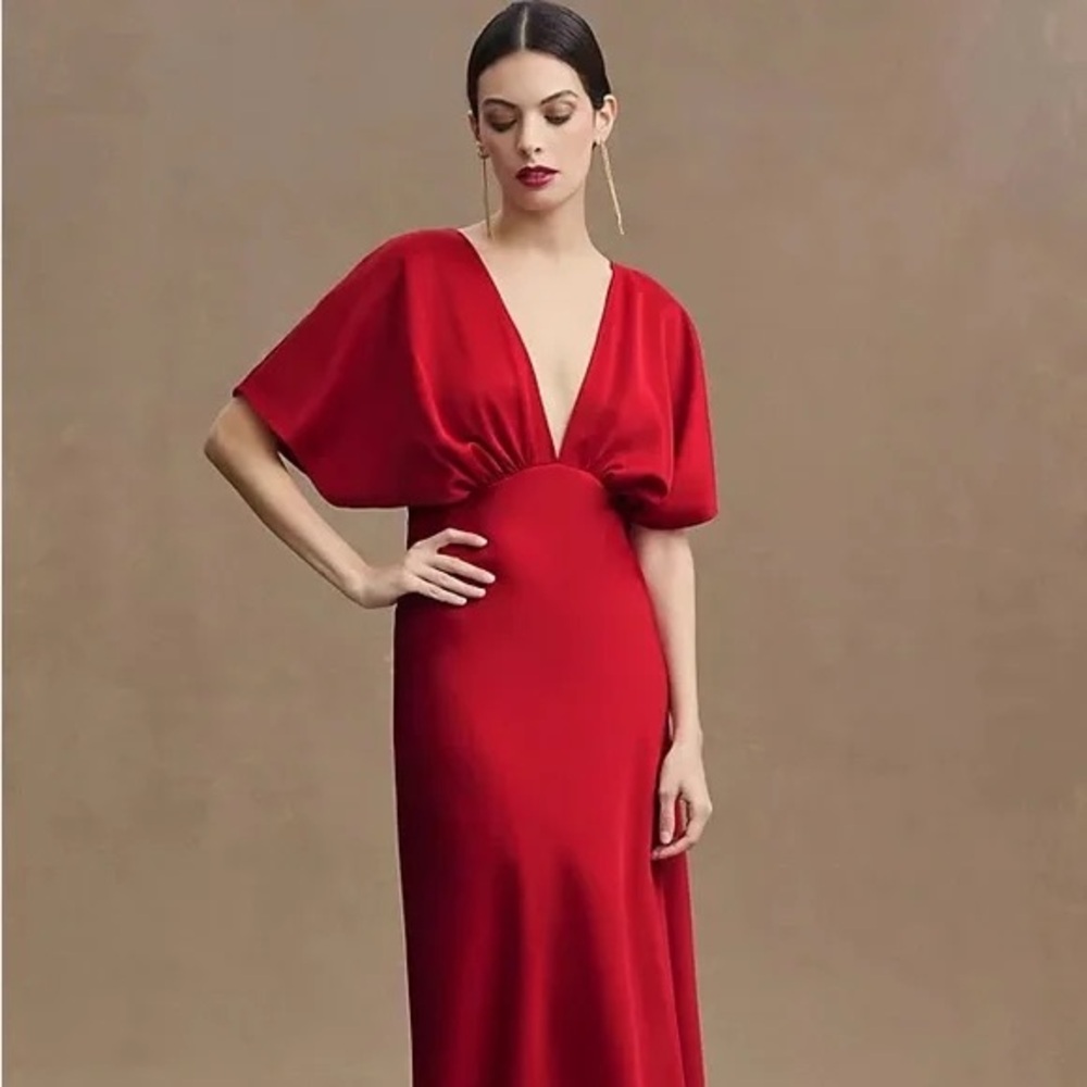 BHLDN Leila Deep-V Flutter-Sleeve Satin A-Line Gown